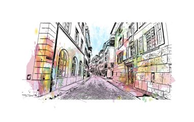 Solothurn, İsviçre 'de yer alan bir şehirdir. Vektörde elle çizilmiş resim ile suluboya sıçraması.