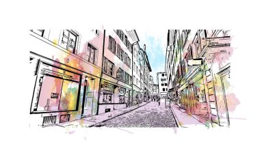 Solothurn, İsviçre 'de yer alan bir şehirdir. Vektörde elle çizilmiş resim ile suluboya sıçraması.