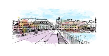 Solothurn, İsviçre 'de yer alan bir şehirdir. Vektörde elle çizilmiş resim ile suluboya sıçraması.