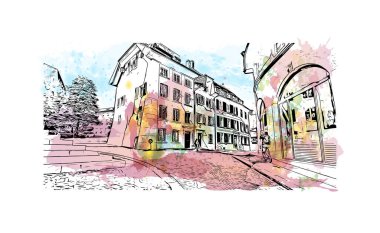 Solothurn, İsviçre 'de yer alan bir şehirdir. Vektörde elle çizilmiş resim ile suluboya sıçraması.
