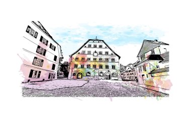 Solothurn, İsviçre 'de yer alan bir şehirdir. Vektörde elle çizilmiş resim ile suluboya sıçraması.