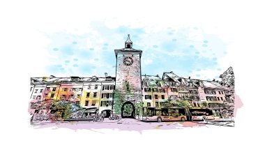 Solothurn, İsviçre 'de yer alan bir şehirdir. Vektörde elle çizilmiş resim ile suluboya sıçraması.