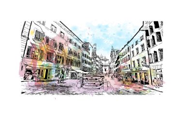 Solothurn, İsviçre 'de yer alan bir şehirdir. Vektörde elle çizilmiş resim ile suluboya sıçraması.