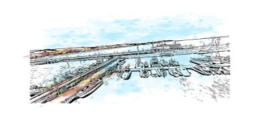 Sopot 'un simgesi olan Print Building View, Polonya' nın başkentidir. Vektörde elle çizilmiş resim ile suluboya sıçraması.