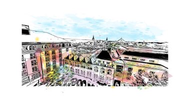 Sopot 'un simgesi olan Print Building View, Polonya' nın başkentidir. Vektörde elle çizilmiş resim ile suluboya sıçraması.