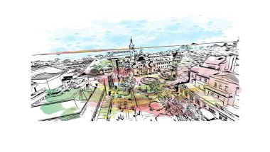 Sopot 'un simgesi olan Print Building View, Polonya' nın başkentidir. Vektörde elle çizilmiş resim ile suluboya sıçraması.