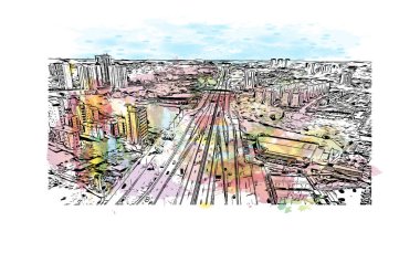 Sorocaba, Brezilya 'da bir şehirdir. Vektörde elle çizilmiş resim ile suluboya sıçraması.