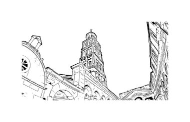 Hırvatistan 'ın başkenti, bölünmüş tarihi yapıya sahip Print Binası. Vektörde elle çizilmiş çizim çizimi.