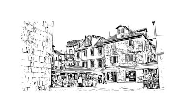  Bölünmüş tarihi yapıya sahip bina Hırvatistan 'ın kentidir. Vektörde elle çizilmiş çizim çizimi.