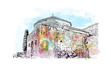 Hırvatistan 'ın başkenti, bölünmüş tarihi yapıya sahip Print Binası. Vektörde elle çizilmiş resim ile suluboya sıçraması.