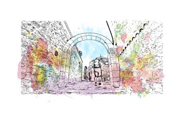 Hırvatistan 'ın başkenti, bölünmüş tarihi yapıya sahip Print Binası. Vektörde elle çizilmiş resim ile suluboya sıçraması.