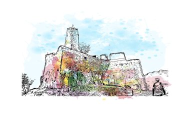 Hırvatistan 'ın başkenti, bölünmüş tarihi yapıya sahip Print Binası. Vektörde elle çizilmiş resim ile suluboya sıçraması.