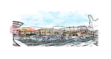 Hırvatistan 'ın başkenti, bölünmüş tarihi yapıya sahip Print Binası. Vektörde elle çizilmiş resim ile suluboya sıçraması.