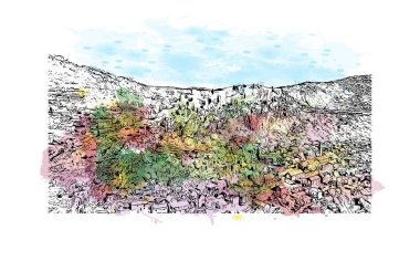 Hırvatistan 'ın başkenti, bölünmüş tarihi yapıya sahip Print Binası. Vektörde elle çizilmiş resim ile suluboya sıçraması.