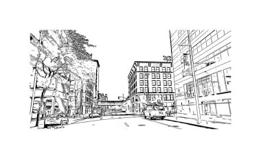 Spokane 'in simgesi olan Print Building view, ABD' nin en kalabalık şehridir. Vektörde elle çizilmiş çizim çizimi.