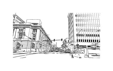 Spokane 'in simgesi olan Print Building view, ABD' nin en kalabalık şehridir. Vektörde elle çizilmiş çizim çizimi.