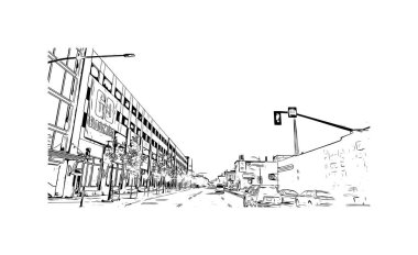 Spokane 'in simgesi olan Print Building view, ABD' nin en kalabalık şehridir. Vektörde elle çizilmiş çizim çizimi.