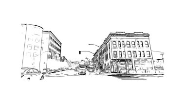 Spokane 'in simgesi olan Print Building view, ABD' nin en kalabalık şehridir. Vektörde elle çizilmiş çizim çizimi.