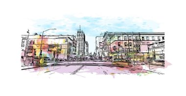 Spokane 'in simgesi olan Print Building view, ABD' nin en kalabalık şehridir. Vektörde elle çizilmiş resim ile suluboya sıçraması.