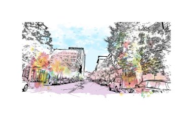 Spokane 'in simgesi olan Print Building view, ABD' nin en kalabalık şehridir. Vektörde elle çizilmiş resim ile suluboya sıçraması.