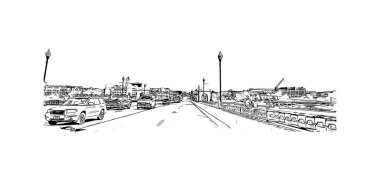 Spokane 'in simgesi olan Print Building view, ABD' nin en kalabalık şehridir. Vektörde elle çizilmiş çizim çizimi.