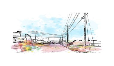 Print Building view with landmark of Springdale, ABD 'nin en kalabalık şehridir. Vektörde elle çizilmiş resim ile suluboya sıçraması.