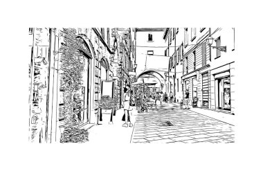 Print Building view with landmark of Reggio Emilia, kuzey İtalya 'da bir şehirdir. Vektörde elle çizilmiş çizim çizimi.