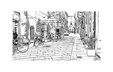 Print Building view with landmark of Reggio Emilia, kuzey İtalya 'da bir şehirdir. Vektörde elle çizilmiş çizim çizimi.