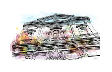 Print Building view with landmark of Reggio Emilia, kuzey İtalya 'da bir şehirdir. Vektörde elle çizilmiş resim ile suluboya sıçraması.