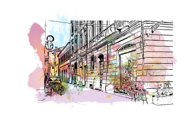 Print Building view with landmark of Reggio Emilia, kuzey İtalya 'da bir şehirdir. Vektörde elle çizilmiş resim ile suluboya sıçraması.