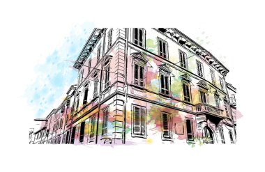 Print Building view with landmark of Reggio Emilia, kuzey İtalya 'da bir şehirdir. Vektörde elle çizilmiş resim ile suluboya sıçraması.