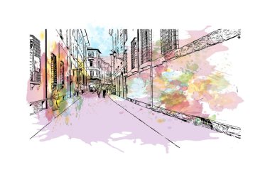 Print Building view with landmark of Reggio Emilia, kuzey İtalya 'da bir şehirdir. Vektörde elle çizilmiş resim ile suluboya sıçraması.