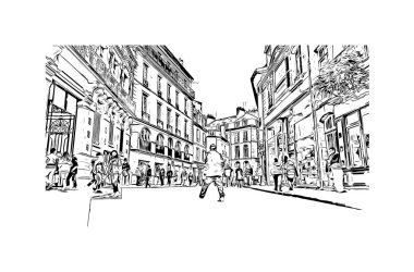 Rennes 'in simgesi olan Print Building View Fransa' nın en büyük şehridir. Vektörde elle çizilmiş çizim çizimi.