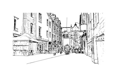 Rennes 'in simgesi olan Print Building View Fransa' nın en büyük şehridir. Vektörde elle çizilmiş çizim çizimi.