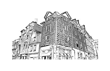 Rennes 'in simgesi olan Print Building View Fransa' nın en büyük şehridir. Vektörde elle çizilmiş çizim çizimi.