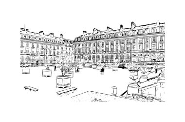 Rennes 'in simgesi olan Print Building View Fransa' nın en büyük şehridir. Vektörde elle çizilmiş çizim çizimi.