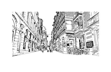 Rennes 'in simgesi olan Print Building View Fransa' nın en büyük şehridir. Vektörde elle çizilmiş çizim çizimi.