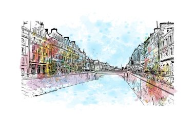 Rennes 'in simgesi olan Print Building View Fransa' nın en büyük şehridir. Vektörde elle çizilmiş resim ile suluboya sıçraması.