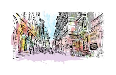 Rennes 'in simgesi olan Print Building View Fransa' nın en büyük şehridir. Vektörde elle çizilmiş resim ile suluboya sıçraması.