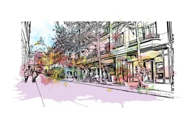 Rennes 'in simgesi olan Print Building View Fransa' nın en büyük şehridir. Vektörde elle çizilmiş resim ile suluboya sıçraması.