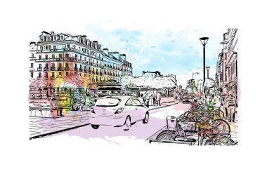 Rennes 'in simgesi olan Print Building View Fransa' nın en büyük şehridir. Vektörde elle çizilmiş resim ile suluboya sıçraması.