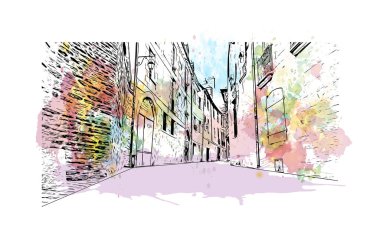 Rennes 'in simgesi olan Print Building View Fransa' nın en büyük şehridir. Vektörde elle çizilmiş resim ile suluboya sıçraması.