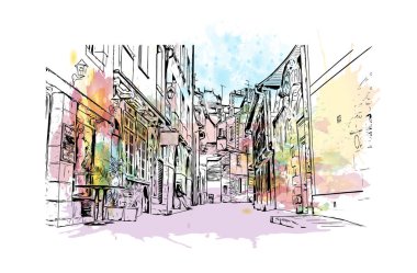 Rennes 'in simgesi olan Print Building View Fransa' nın en büyük şehridir. Vektörde elle çizilmiş resim ile suluboya sıçraması.