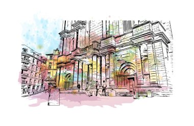 Rennes 'in simgesi olan Print Building View Fransa' nın en büyük şehridir. Vektörde elle çizilmiş resim ile suluboya sıçraması.