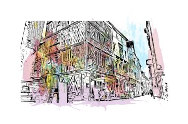 Rennes 'in simgesi olan Print Building View Fransa' nın en büyük şehridir. Vektörde elle çizilmiş resim ile suluboya sıçraması.