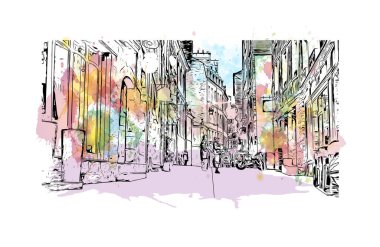 Rennes 'in simgesi olan Print Building View Fransa' nın en büyük şehridir. Vektörde elle çizilmiş resim ile suluboya sıçraması.