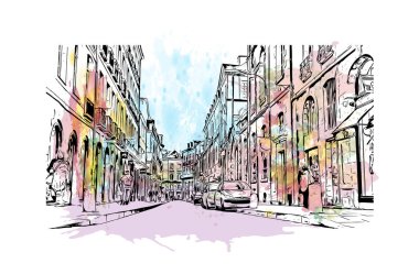 Rennes 'in simgesi olan Print Building View Fransa' nın en büyük şehridir. Vektörde elle çizilmiş resim ile suluboya sıçraması.