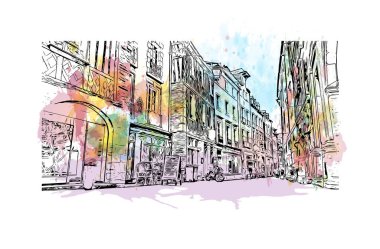Rennes 'in simgesi olan Print Building View Fransa' nın en büyük şehridir. Vektörde elle çizilmiş resim ile suluboya sıçraması.