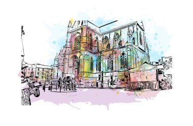 Rennes 'in simgesi olan Print Building View Fransa' nın en büyük şehridir. Vektörde elle çizilmiş resim ile suluboya sıçraması.