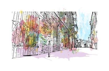 Rennes 'in simgesi olan Print Building View Fransa' nın en büyük şehridir. Vektörde elle çizilmiş resim ile suluboya sıçraması.